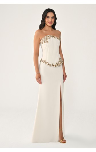 Asimetrik Kesim 7381 Taşlı Uzun Elbise