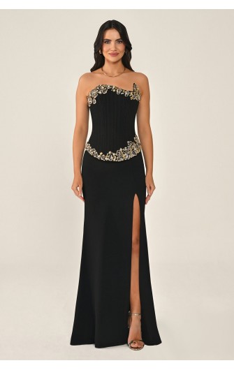 Asimetrik Kesim 7381 Taşlı Uzun Elbise