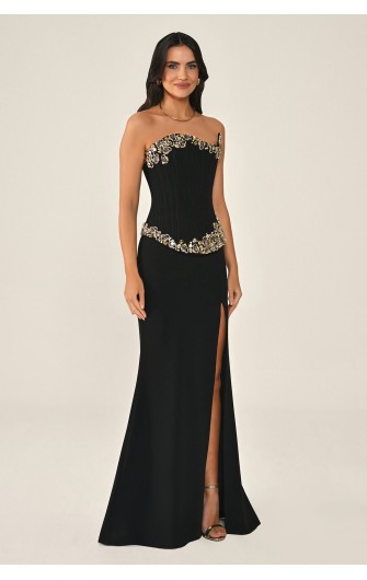 Asimetrik Kesim 7381 Taşlı Uzun Elbise