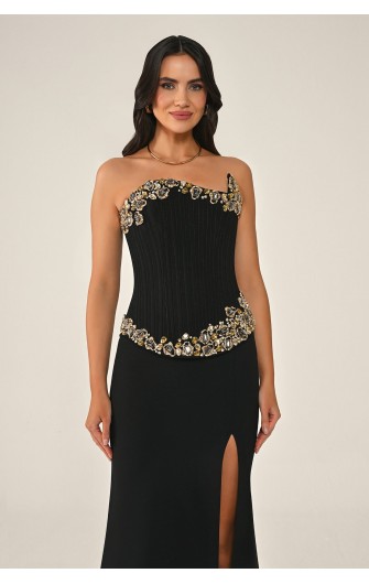 Asimetrik Kesim 7381 Taşlı Uzun Elbise