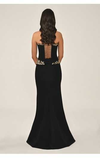 Asimetrik Kesim 7381 Taşlı Uzun Elbise