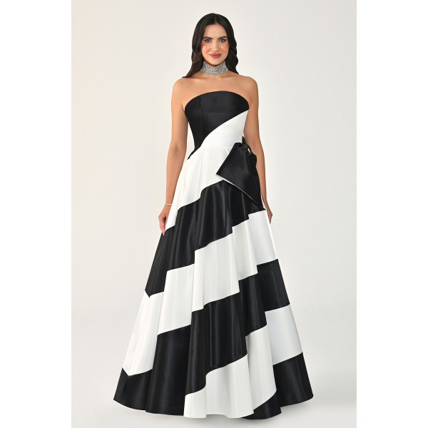Çift Renk Prenses Kesim 7366 Uzun Elbise