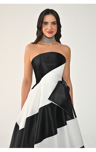 Çift Renk Prenses Kesim 7366 Uzun Elbise