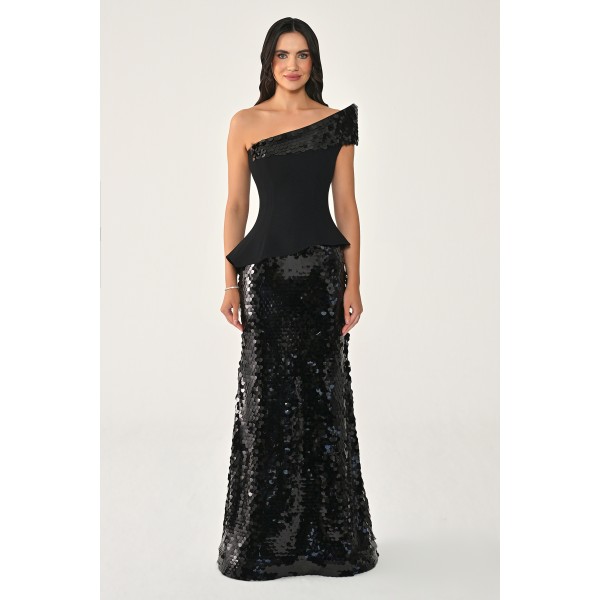 Tek Omuz Üst Asimetrik Kesim 7428 Uzun Elbise