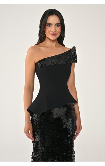 Tek Omuz Üst Asimetrik Kesim 7428 Uzun Elbise