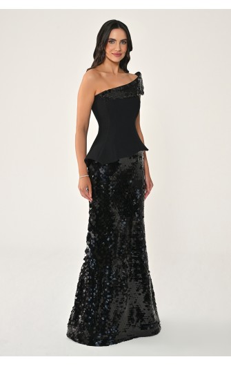 Tek Omuz Üst Asimetrik Kesim 7428 Uzun Elbise