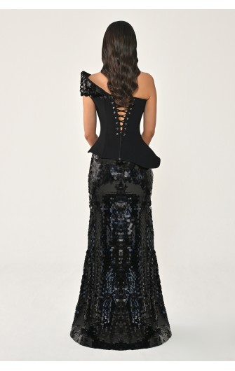 Tek Omuz Üst Asimetrik Kesim 7428 Uzun Elbise