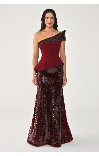 Tek Omuz Üst Asimetrik Kesim 7428 Uzun Elbise