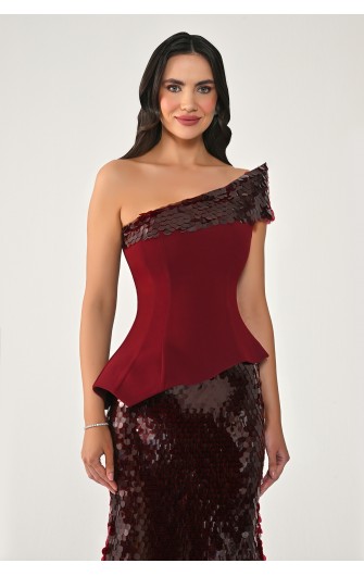 Tek Omuz Üst Asimetrik Kesim 7428 Uzun Elbise