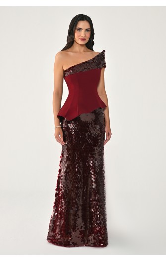 Tek Omuz Üst Asimetrik Kesim 7428 Uzun Elbise