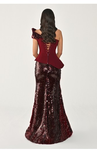 Tek Omuz Üst Asimetrik Kesim 7428 Uzun Elbise