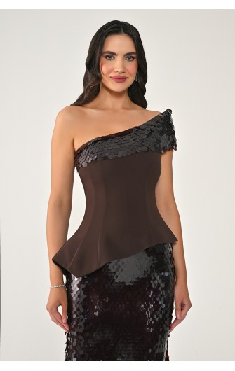 Tek Omuz Üst Asimetrik Kesim 7428 Uzun Elbise