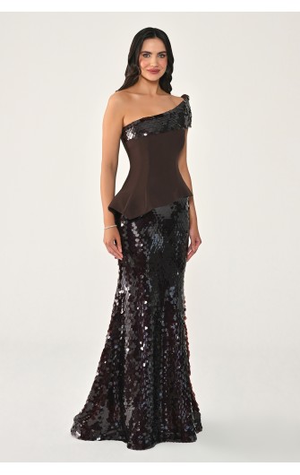 Tek Omuz Üst Asimetrik Kesim 7428 Uzun Elbise