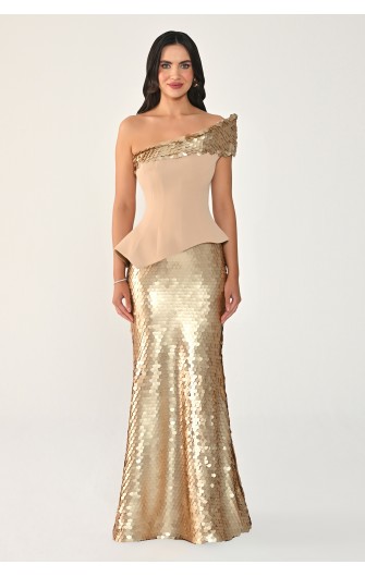 Tek Omuz Üst Asimetrik Kesim 7428 Uzun Elbise