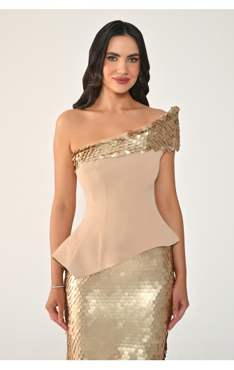 Tek Omuz Üst Asimetrik Kesim 7428 Uzun Elbise