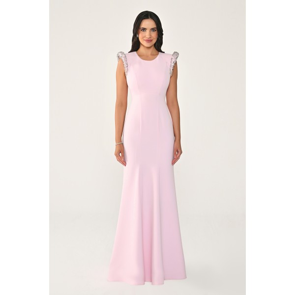 Omuzları Vatkalı Taşlı 7242 Balık Kesim Elbise