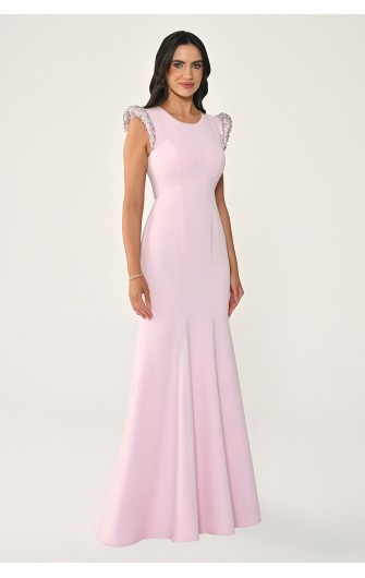 Omuzları Vatkalı Taşlı 7242 Balık Kesim Elbise