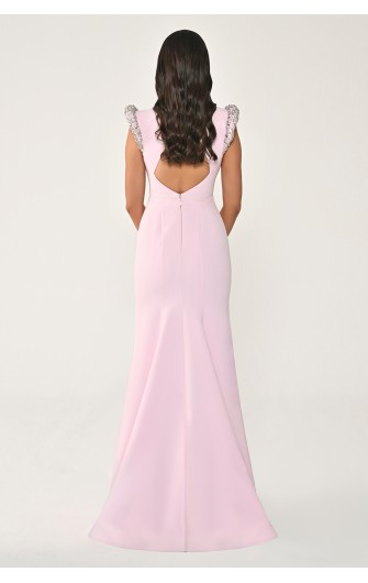 Omuzları Vatkalı Taşlı 7242 Balık Kesim Elbise