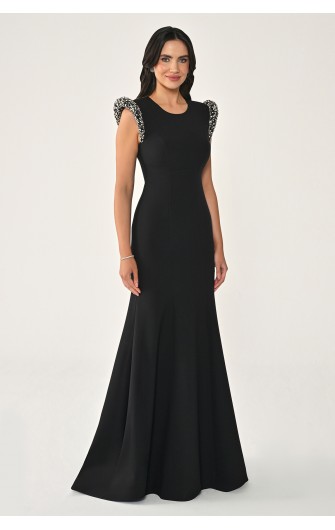 Omuzları Vatkalı Taşlı 7242 Balık Kesim Elbise