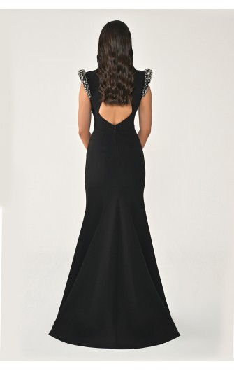 Omuzları Vatkalı Taşlı 7242 Balık Kesim Elbise