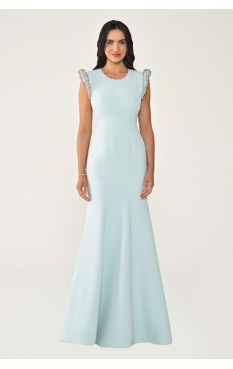 Omuzları Vatkalı Taşlı 7242 Balık Kesim Elbise