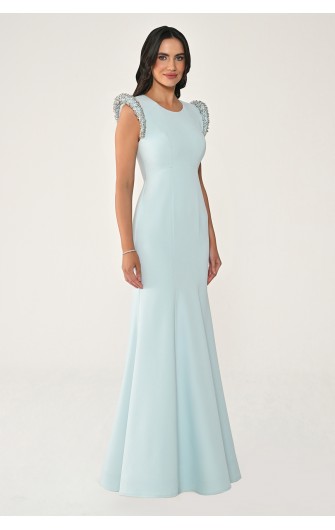 Omuzları Vatkalı Taşlı 7242 Balık Kesim Elbise