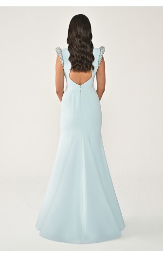 Omuzları Vatkalı Taşlı 7242 Balık Kesim Elbise