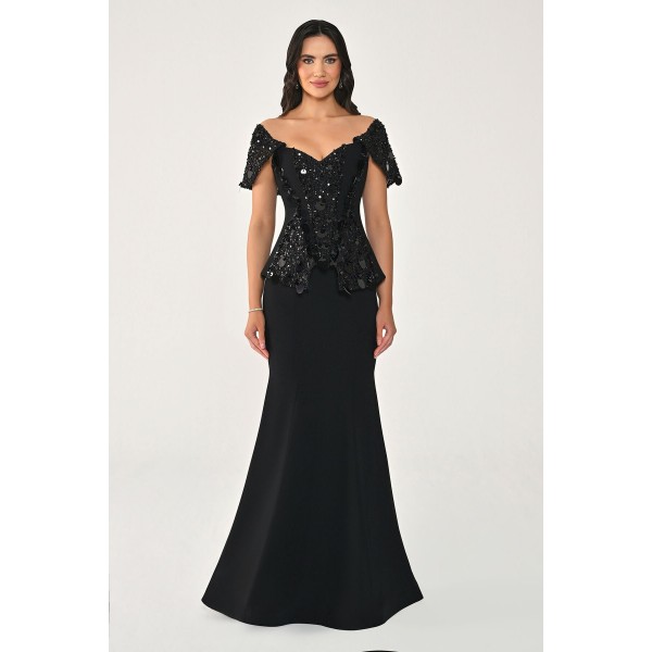 Düşük Omuz Üstü Payetli 7405 Balık Kesim Elbise