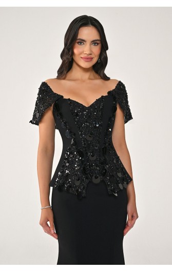 Düşük Omuz Üstü Payetli 7405 Balık Kesim Elbise