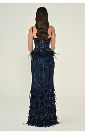 Tüy Aksasuarlı Payet 7211 Uzun Elbise