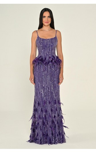 Tüy Aksasuarlı Payet 7211 Uzun Elbise