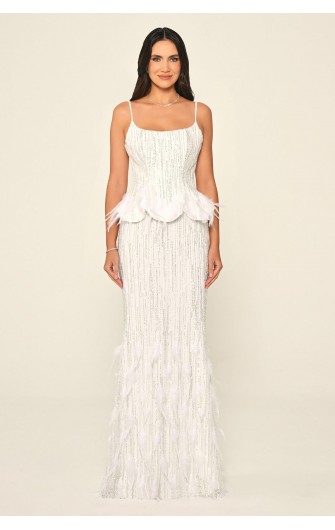 Tüy Aksasuarlı Payet 7211 Uzun Elbise