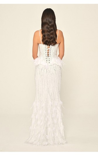 Tüy Aksasuarlı Payet 7211 Uzun Elbise