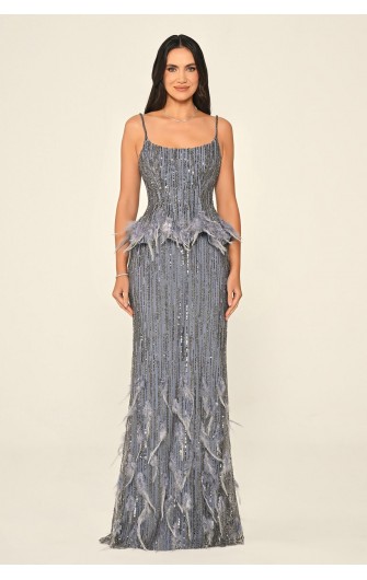 Tüy Aksasuarlı Payet 7211 Uzun Elbise