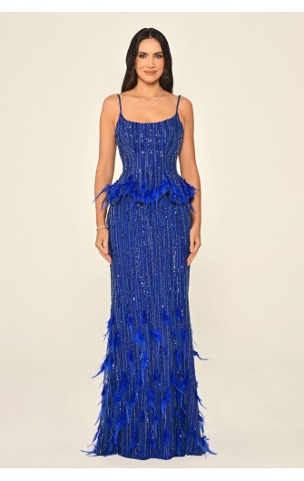 Tüy Aksasuarlı Payet 7211 Uzun Elbise