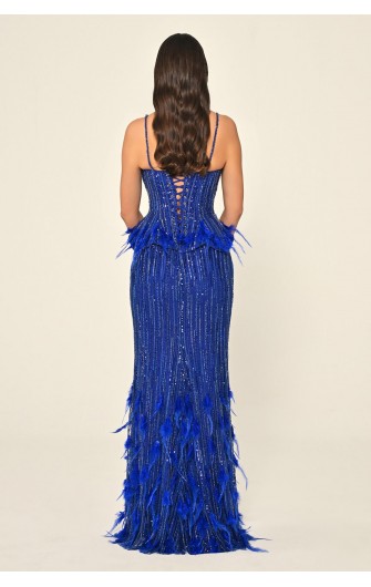 Tüy Aksasuarlı Payet 7211 Uzun Elbise