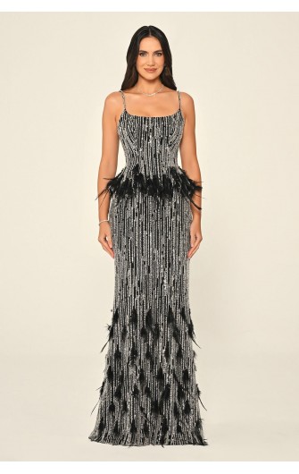 Tüy Aksasuarlı Payet 7211 Uzun Elbise