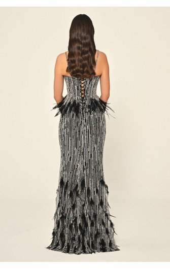 Tüy Aksasuarlı Payet 7211 Uzun Elbise