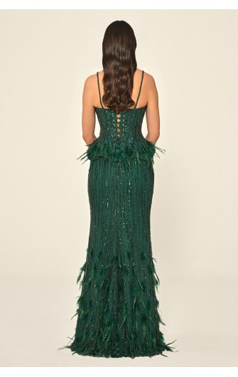 Tüy Aksasuarlı Payet 7211 Uzun Elbise