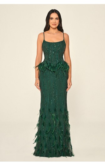 Tüy Aksasuarlı Payet 7211 Uzun Elbise