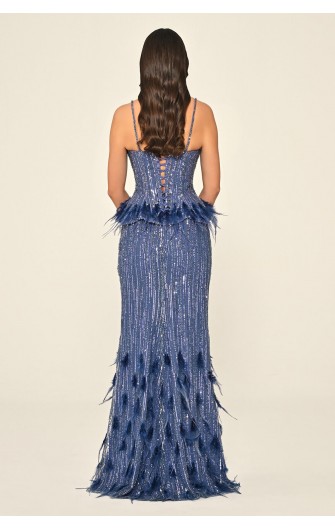 Tüy Aksasuarlı Payet 7211 Uzun Elbise