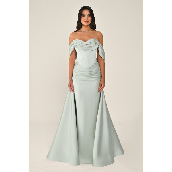 Düşük Kol Korse Bel 7265 Saten Uzun Elbise