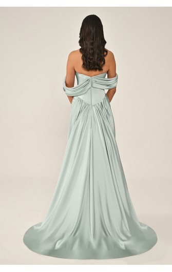 Düşük Kol Korse Bel 7265 Saten Uzun Elbise