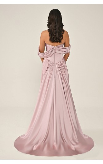 Düşük Kol Korse Bel 7265 Saten Uzun Elbise