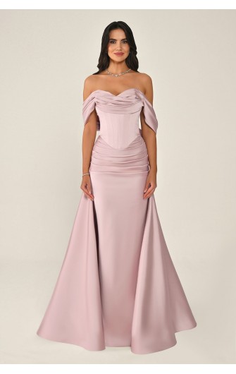 Düşük Kol Korse Bel 7265 Saten Uzun Elbise