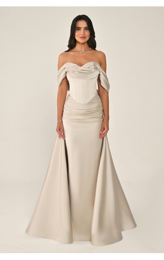 Düşük Kol Korse Bel 7265 Saten Uzun Elbise