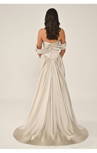 Düşük Kol Korse Bel 7265 Saten Uzun Elbise