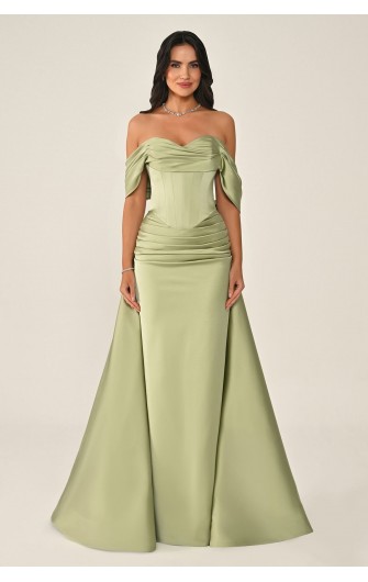 Düşük Kol Korse Bel 7265 Saten Uzun Elbise