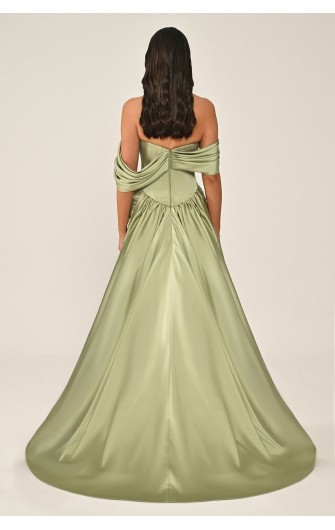 Düşük Kol Korse Bel 7265 Saten Uzun Elbise
