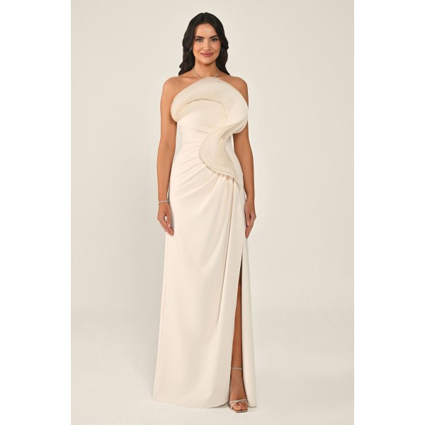 Straplez Volanlı Yırtmaçlı 7317 Uzun Elbise